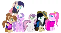 Size: 2525x1385 | Tagged: safe, artist:nailogical, artist:shiibases, derpibooru import, diamond tiara, sweetie belle, ponified, pony, base used, clothes, marceline, marinette dupain-cheng, missing cutie mark, nikki maxwell, older, older diamond tiara, older sweetie belle, princess bubblegum