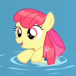 Size: 831x833 | Tagged: safe, derpibooru import, screencap, apple bloom, earth pony, pony, leap of faith, adorabloom, bow, cropped, cute, female, filly, floatie, hair bow, open mouth, solo, swimming, wet, wet mane