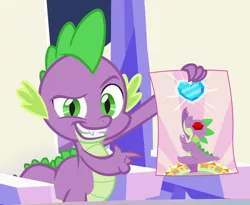 Size: 512x419 | Tagged: claws, cropped, crystal heart, derpibooru import, dragon, dreamworks face, fangs, hero, male, poster, safe, screencap, season 6, smiling, smug, solo, spike, sunburst background, the crystalling
