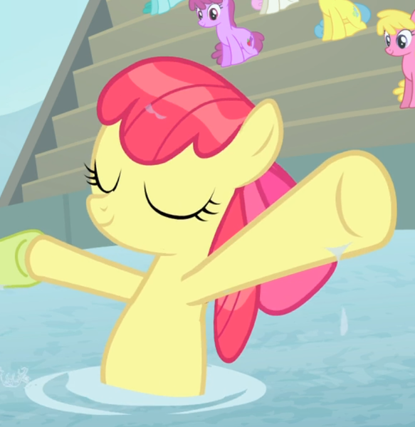 Size: 758x780 | Tagged: safe, derpibooru import, screencap, apple bloom, earth pony, pony, leap of faith, bow, cropped, eyes closed, female, filly, hair bow, holding hooves, offscreen character, smiling, solo focus, swimming, underhoof, wet, wet mane