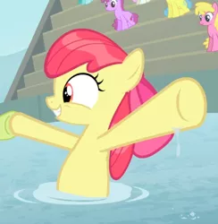 Size: 794x812 | Tagged: safe, derpibooru import, screencap, apple bloom, berry punch, berryshine, granny smith, earth pony, pony, leap of faith, adorabloom, bow, cropped, cute, female, filly, hair bow, holding hooves, hooves in air, smiling, swimming, underhoof, wet, wet mane