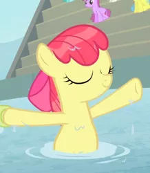 Size: 696x798 | Tagged: safe, derpibooru import, screencap, apple bloom, earth pony, pony, leap of faith, bow, cropped, eyes closed, female, filly, hair bow, holding hooves, offscreen character, smiling, solo focus, swimming, underhoof, wet, wet mane