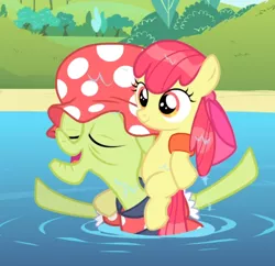 Size: 784x760 | Tagged: safe, derpibooru import, screencap, apple bloom, granny smith, earth pony, pony, leap of faith, adorabloom, bow, cropped, cute, elderly, eyes closed, female, filly, floatie, hair bow, hat, piggyback ride, smiling, swimming, swimming cap, swimming hole, wet, wet mane