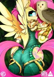 Size: 3500x4950 | Tagged: suggestive, artist:ahekao, derpibooru import, fluttershy, bird, owl, pegasus, pony, comic:the most powerful adventure, armor, badass, bipedal, female, flutterbadass, looking back, mare, the most biggest adventure, zipper