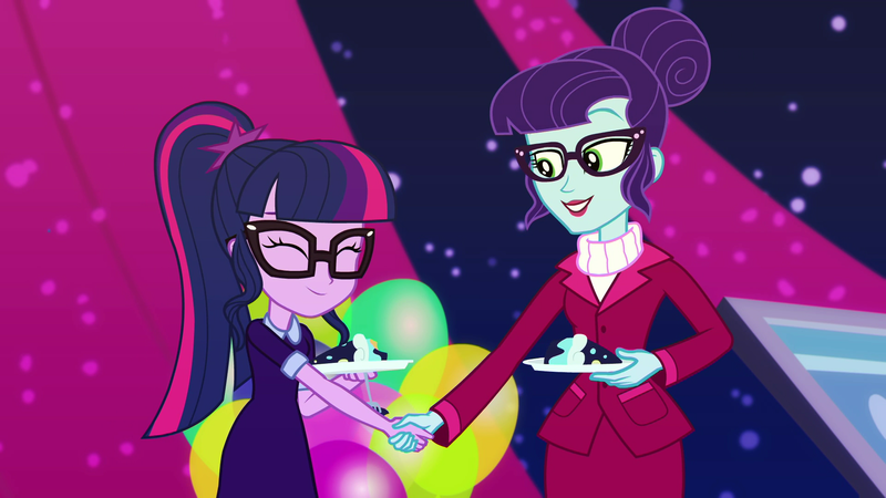 Size: 1920x1080 | Tagged: safe, derpibooru import, screencap, rosette nebula, sci-twi, twilight sparkle, equestria girls, equestria girls series, twilight under the stars, spoiler:eqg series (season 2), clothes, glasses, handshake, ponytail, skirt, skirt suit, suit