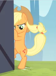 Size: 578x789 | Tagged: safe, derpibooru import, screencap, applejack, earth pony, pony, leap of faith, bipedal, cropped, female, freckles, landing, mare, sliding, solo