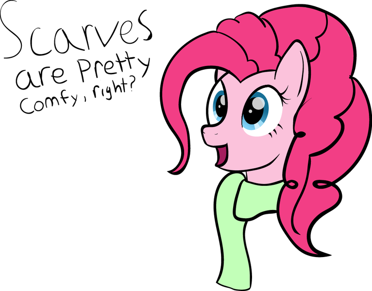 Size: 986x772 | Tagged: safe, artist:trash anon, derpibooru import, pinkie pie, pony, /mlp/, bust, clothes, comfy, dialogue, female, mare, open mouth, scarf, simple background, solo, text, white background