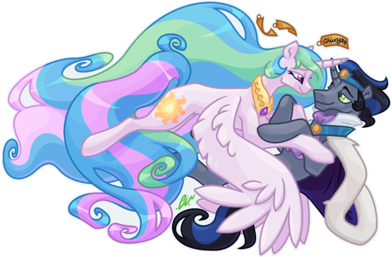 Size: 1516x995 | Tagged: safe, artist:kahootkin, derpibooru import, idw, king sombra, princess celestia, alicorn, pony, unicorn, reflections, spoiler:comic, always, cape, celestibra, clothes, digital art, female, good king sombra, horn, horns are touching, jewelry, looking at each other, male, mare, peytral, regalia, shipping, simple background, smiling, stallion, straight, transparent background