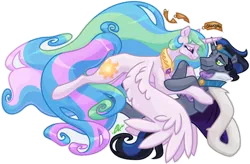 Size: 1516x995 | Tagged: safe, artist:kahootkin, derpibooru import, idw, king sombra, princess celestia, alicorn, pony, unicorn, reflections, spoiler:comic, always, cape, celestibra, clothes, digital art, female, good king sombra, horn, horns are touching, jewelry, looking at each other, male, mare, peytral, regalia, shipping, simple background, smiling, stallion, straight, transparent background