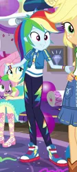 Size: 411x919 | Tagged: safe, derpibooru import, screencap, applejack, fluttershy, rainbow dash, spike, spike the regular dog, dog, equestria girls, equestria girls series, fomo, spoiler:eqg series (season 2), clothes, converse, female, geode of fauna, geode of super speed, magical geodes, offscreen character, pants, sandals, shoes, smiling, sneakers