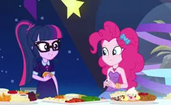 Size: 725x443 | Tagged: safe, derpibooru import, screencap, pinkie pie, sci-twi, twilight sparkle, equestria girls, equestria girls series, twilight under the stars, spoiler:eqg series (season 2), bare shoulders, cropped, female, food, glasses, picture for breezies, ponytail, sleeveless, smiling, strapless