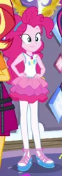 Size: 277x777 | Tagged: safe, derpibooru import, screencap, pinkie pie, sci-twi, sunset shimmer, twilight sparkle, equestria girls, equestria girls series, fomo, spoiler:eqg series (season 2), clothes, cropped, geode of sugar bombs, legs, magical geodes, offscreen character, pantyhose, sandals, shoes, skirt, smiling