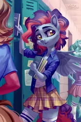 Size: 1378x2067 | Tagged: anthro, anthro oc, artist:holivi, book, clothes, commission, derpibooru import, female, lockers, mare, oc, pegasus, plaid, plaid skirt, safe, school, schoolgirl, shirt, smiling, solo focus, unmoving plaid, unofficial characters only, zettai ryouiki