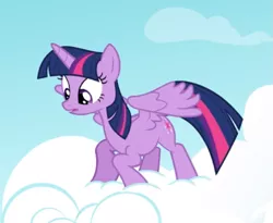Size: 647x530 | Tagged: safe, derpibooru import, screencap, twilight sparkle, twilight sparkle (alicorn), alicorn, pony, testing testing 1-2-3, cloud, cropped, on a cloud, solo, spread wings, standing on cloud, wings