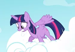 Size: 689x477 | Tagged: safe, derpibooru import, screencap, twilight sparkle, twilight sparkle (alicorn), alicorn, pony, testing testing 1-2-3, cloud, cropped, on a cloud, solo, spread wings, standing on cloud, struggling, teeth, wings