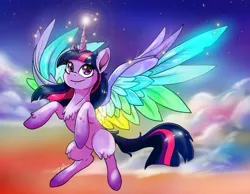 Size: 1290x1000 | Tagged: safe, artist:joselyn565, derpibooru import, twilight sparkle, twilight sparkle (alicorn), alicorn, pony, rainbow roadtrip, chest fluff, cloud, colored wings, cute, female, flying, leg fluff, mare, multicolored wings, rainbow wings, sky, solo, spread wings, twiabetes, wing bling, wings