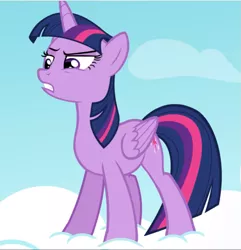 Size: 909x941 | Tagged: safe, derpibooru import, screencap, twilight sparkle, twilight sparkle (alicorn), alicorn, pony, testing testing 1-2-3, cloud, cropped, on a cloud, raised eyebrow, solo, standing on cloud, twilight is not amused, unamused