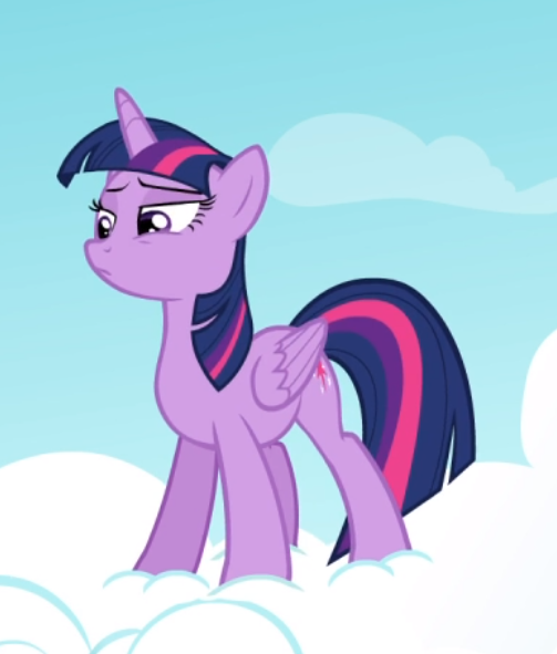 Size: 503x591 | Tagged: safe, derpibooru import, screencap, twilight sparkle, twilight sparkle (alicorn), alicorn, pony, testing testing 1-2-3, cloud, cropped, lidded eyes, on a cloud, smug, solo, standing on cloud