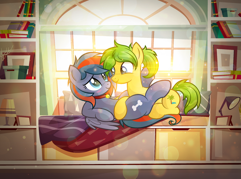 Size: 1994x1483 | Tagged: safe, artist:rish--loo, artist:rish_loo, derpibooru import, oc, oc:doge, oc:oasis, unofficial characters only, earth pony, pegasus, pony, blanket, blushing, book, bookshelf, collar, cuddling, cute, female, lamp, lesbian, looking at each other, mare, oc x oc, on top, picture, picture frame, pillow, shelf, shipping, show accurate, sun, sunlight, window