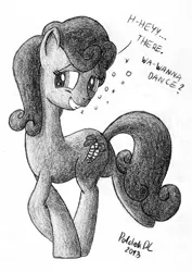 Size: 1000x1415 | Tagged: safe, artist:poldekpl, derpibooru import, carrot top, golden harvest, earth pony, pony, dialogue, female, mare, nervous, pencil drawing, traditional art