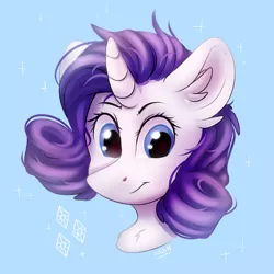 Size: 3000x3000 | Tagged: safe, artist:lilclim, derpibooru import, rarity, pony, unicorn, blue background, bust, chest fluff, cute, diamond, ear fluff, messy mane, portrait, raribetes, simple background, solo