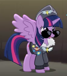 Size: 809x919 | Tagged: safe, derpibooru import, screencap, commander easy glider, twilight sparkle, twilight sparkle (alicorn), alicorn, pony, testing testing 1-2-3, badge, clothes, cropped, glasses, hat, jacket, open mouth, solo, spread wings, sunglasses, wings