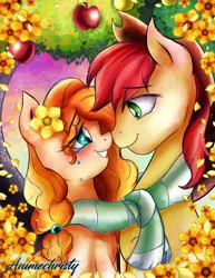 Size: 1024x1326 | Tagged: safe, artist:animechristy, derpibooru import, bright mac, pear butter, earth pony, pony, apple, apple tree, buttercup, canon couple, clothes, couple, crying, married, married couple, pear tree, romance, romantic, scarf, shared clothing, shared scarf, tears of joy, tree