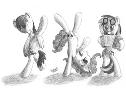 Size: 1415x1000 | Tagged: safe, artist:poldekpl, derpibooru import, pinkie pie, vinyl scratch, oc, pony, accordion, bipedal, dancing, musical instrument, pencil drawing, traditional art