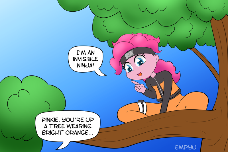 Size: 1000x667 | Tagged: safe, artist:empyu, derpibooru import, pinkie pie, equestria girls, 30 minute art challenge, anime, crossover, dialogue, female, naruto, naruto shippuuden, naruto uzumaki, ninja, offscreen character, smiling, speech bubble, tree, tree branch