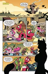 Size: 994x1528 | Tagged: safe, artist:andypriceart, derpibooru import, idw, big macintosh, capper dapperpaws, cha cha, pinkie pie, earth pony, pony, my little pony: the movie, spoiler:comic, spoiler:comic76, airship, clothes, comic, female, hat, klugetown, klugetowner, male, mare, official comic, preview, speech bubble, stallion, top hat