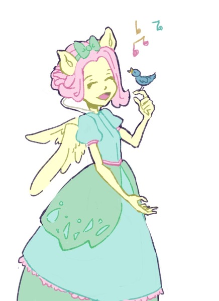 Size: 1280x1761 | Tagged: alternate hairstyle, artist:navy-pon, bird, bird on hand, bow, clothes, cute, derpibooru import, dress, eared humanization, eyes closed, female, fluttershy, hair bow, human, humanized, music notes, open mouth, pony coloring, princess, safe, shyabetes, simple background, singing, snow white, solo, white background, winged humanization, wings