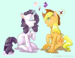 Size: 2229x1732 | Tagged: safe, artist:royal, derpibooru import, applejack, rarity, earth pony, pony, unicorn, duo, eyes closed, female, lipstick, mare