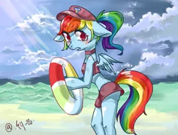 Size: 4600x3500 | Tagged: anthro, artist:royal, beach, cap, clothes, derpibooru import, female, hat, looking at you, mare, pegasus, rainbow dash, safe, solo, swimsuit