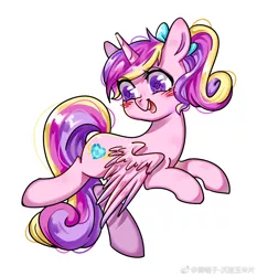 Size: 1400x1500 | Tagged: safe, artist:royal, derpibooru import, princess cadance, alicorn, pony, blushing, bow, cute, cutedance, female, hair bow, looking back, mare, ponytail, simple background, smiling, solo, teen princess cadance, white background