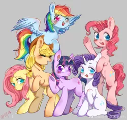 Size: 3720x3508 | Tagged: safe, artist:royal, derpibooru import, applejack, fluttershy, pinkie pie, rainbow dash, rarity, twilight sparkle, alicorn, earth pony, pegasus, pony, unicorn, blushing, colored pupils, cute, diapinkes, female, gray background, jackabetes, mane six, mare, one eye closed, open mouth, raribetes, shyabetes, simple background, twiabetes, unicorn twilight, wink