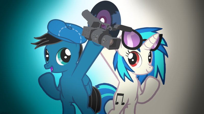 Size: 3840x2160 | Tagged: safe, artist:agkandphotomaker2000, derpibooru import, vinyl scratch, oc, oc:pony video maker, pony, camera, canon x oc, female, male, shipping, straight, talents, videoscratch, vinyl disc