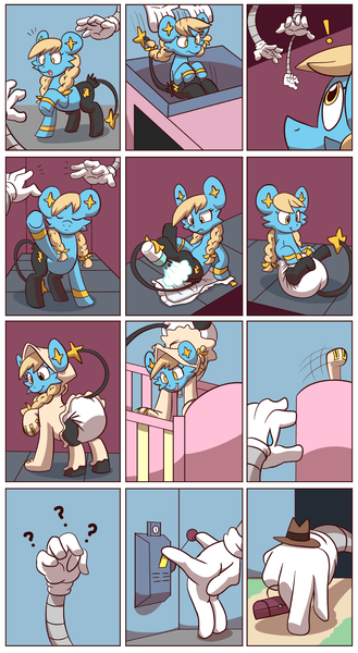 Size: 883x1610 | Tagged: suggestive, artist:artiecanvas, derpibooru import, oc, oc:ixi, unofficial characters only, pony, baby powder, comic, conveyor belt, crib, cute, diaper, diaper fetish, female, fetish, foal powder, machine, mechanical hands, ocbetes, pokémon, poofy diaper