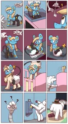 Size: 883x1610 | Tagged: suggestive, artist:artiecanvas, derpibooru import, oc, oc:ixi, unofficial characters only, pony, baby powder, comic, conveyor belt, crib, cute, diaper, diaper fetish, female, fetish, foal powder, machine, mechanical hands, ocbetes, pokémon, poofy diaper