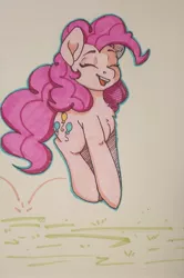 Size: 1757x2647 | Tagged: safe, artist:spoopygander, derpibooru import, pinkie pie, pony, bouncing, chest fluff, cutie mark, eyes closed, happy, pronking, smiling, solo, traditional art