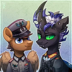 Size: 2702x2700 | Tagged: safe, artist:trickate, derpibooru import, oc, oc:daryl heart, oc:thiefio bit, unofficial characters only, changeling, pegasus, pony, equestria at war mod, changeling empire, changeling oc, clothes, duo, general, hearts of iron 4, medal, nazi, nazi germany, officer, traitor, uniform, wehrmacht