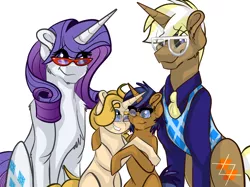 Size: 2732x2048 | Tagged: safe, artist:percy-mcmurphy, derpibooru import, rarity, trenderhoof, oc, oc:jolly, oc:tonnerre, pony, unicorn, brothers, clothes, colt, family, female, filly, glasses, huge, male, mare, offspring, parent:rarity, parent:trenderhoof, parents:trenderity, shipping, siblings, simple background, stallion, straight, sweater, trenderity, white background