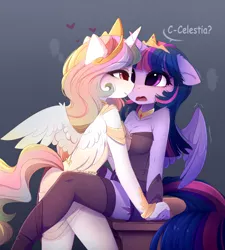 Size: 2222x2473 | Tagged: suggestive, artist:magnaluna, derpibooru import, princess celestia, twilight sparkle, twilight sparkle (alicorn), alicorn, anthro, blushing, breasts, busty princess celestia, cleavage, clothes, crown, dialogue, eye contact, female, floppy ears, holding hands, imminent kissing, jewelry, lesbian, looking at each other, mare, meme, necklace, open mouth, otp, regalia, shipping, socks, stockings, thigh highs, twilestia