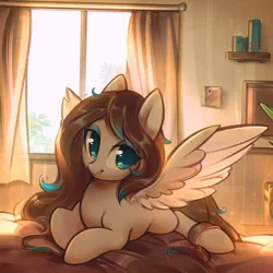 Size: 3402x3402 | Tagged: safe, artist:mirroredsea, derpibooru import, oc, oc:amora bunny, unofficial characters only, pegasus, pony, bed, bedroom, commission, female, looking at you, lying down, mare, prone, solo, spread wings, wings