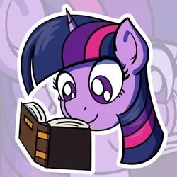 Size: 1280x1280 | Tagged: safe, artist:ashtoneer, derpibooru import, twilight sparkle, pony, unicorn, book, bookhorse, cute, female, head only, mare, reading, solo, sticker, twiabetes, zoom layer