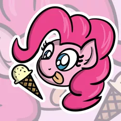 Size: 1000x1000 | Tagged: safe, artist:ashtoneer, derpibooru import, pinkie pie, earth pony, pony, cone, cute, diapinkes, female, food, head only, ice cream, ice cream cone, licking, licking lips, mare, solo, sticker, tongue out, zoom layer