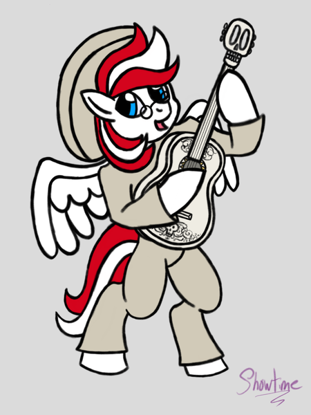 Size: 1536x2048 | Tagged: artist:showtimeandcoal, bipedal, clothes, commission, derpibooru import, digital art, female, guitar, hat, mare, mariachi, music, musical instrument, oc, oc:peppermint, pegasus, ponysona, safe, semi-anthro, simple background, sketch, solo, unofficial characters only