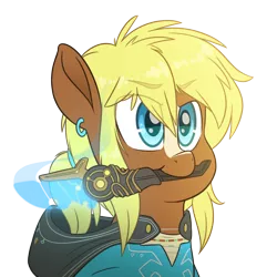 Size: 4000x4000 | Tagged: safe, artist:fluffyxai, derpibooru import, quarter hearts, pony, clothes, cute, holding, jewelry, link, male, ponytail, quarterbetes, solo, stallion, the legend of zelda, the legend of zelda: breath of the wild, weapon