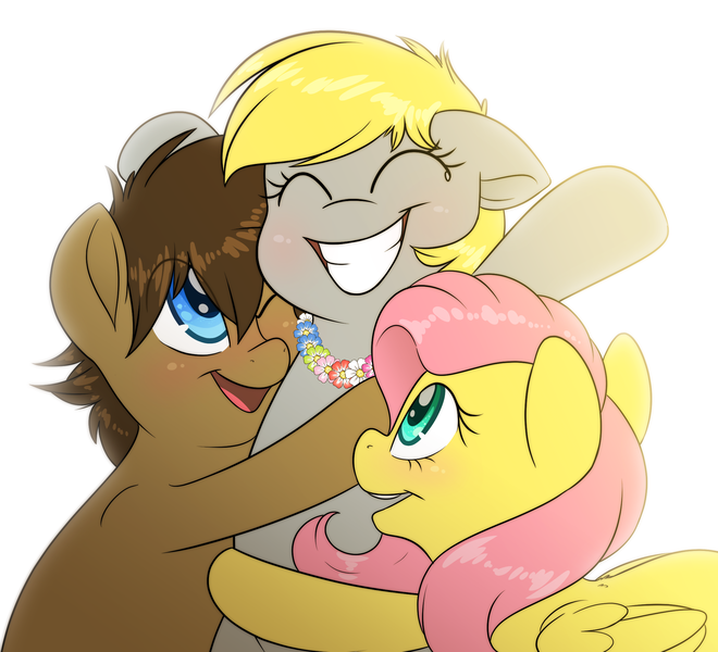 Size: 2200x2000 | Tagged: safe, artist:fluffyxai, derpibooru import, derpy hooves, fluttershy, oc, oc:spirit wind, pony, group hug, happy, hug, simple background, smiling, white background