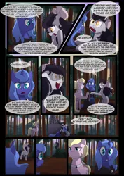 Size: 1240x1754 | Tagged: safe, artist:lunarcakez, derpibooru import, princess luna, oc, oc:mazzy, oc:mute, earth pony, pony, comic:the origins of hollow shades, bow, comic, female, hair bow, mare, s1 luna, tree