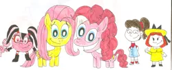 Size: 1719x698 | Tagged: andrea libman, artist:sithvampiremaster27, crossover, cylindria, derpibooru import, dragon tales, emmy, fluttershy, madeline, pac-man and the ghostly adventures, pinkie pie, safe, traditional art, voice actor joke